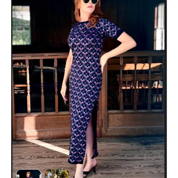 Paco Rabanne Blue Logo Knit Midi Dress MEDIUM Bodycon Career Wool Designer $940 - Picture 4 of 13